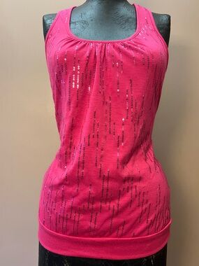 NWT 2010’s Hot Pink Sequin Racer Back Banded Botton Top Size L Going Out Y2K